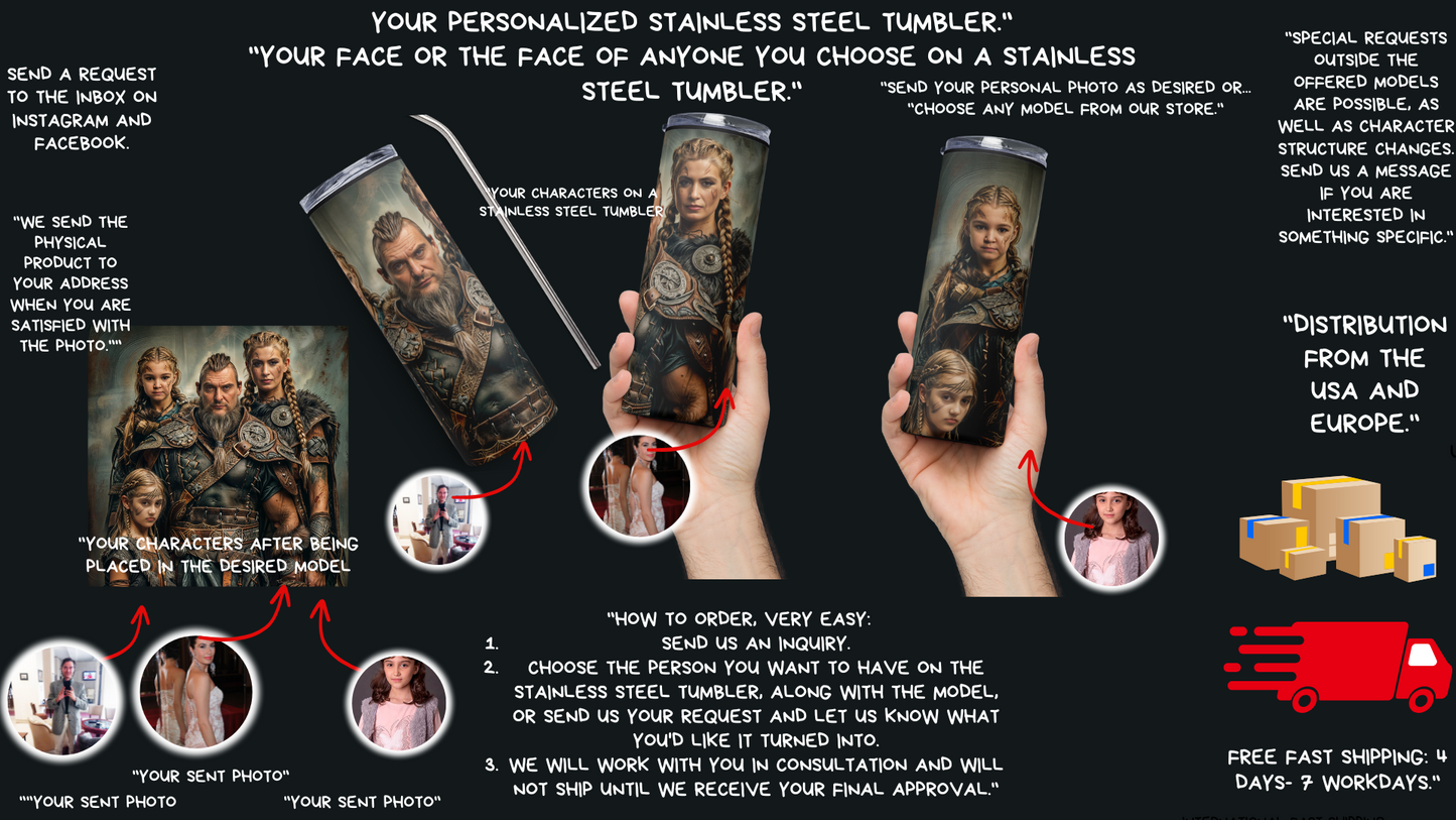 Your personalized stainless steel tumbler." "Your face or the face of anyone you choose on a stainless steel tumbler."