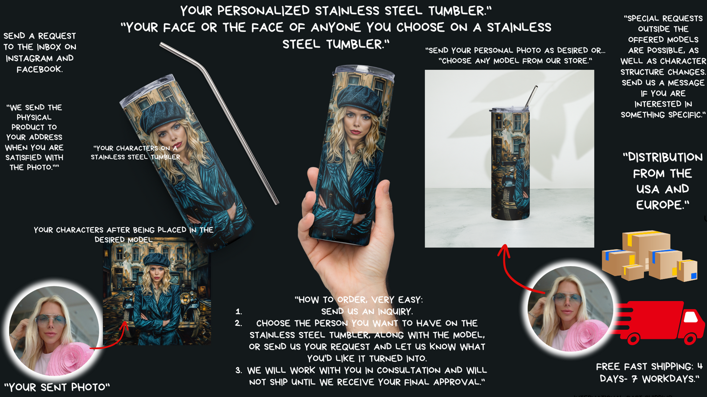 Your personalized stainless steel tumbler." "Your face or the face of anyone you choose on a stainless steel tumbler."