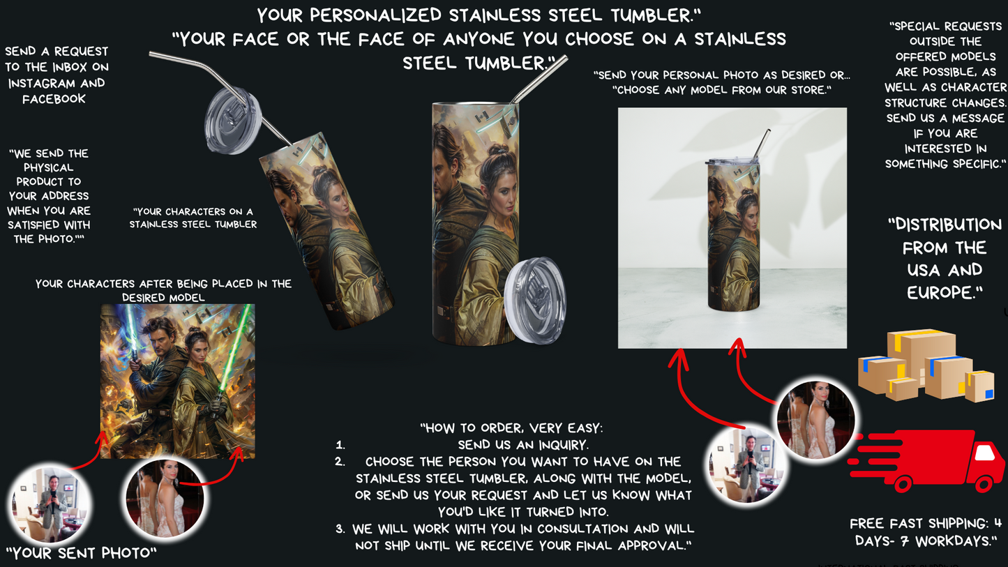 Your personalized stainless steel tumbler." "Your face or the face of anyone you choose on a stainless steel tumbler."