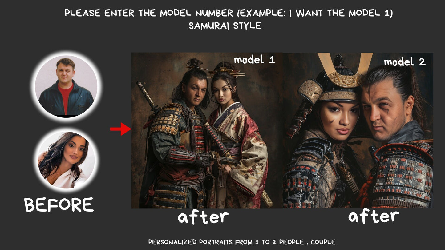 personalized couple portrait (samurai style),wall art,gift,gift for her,personalized prints,