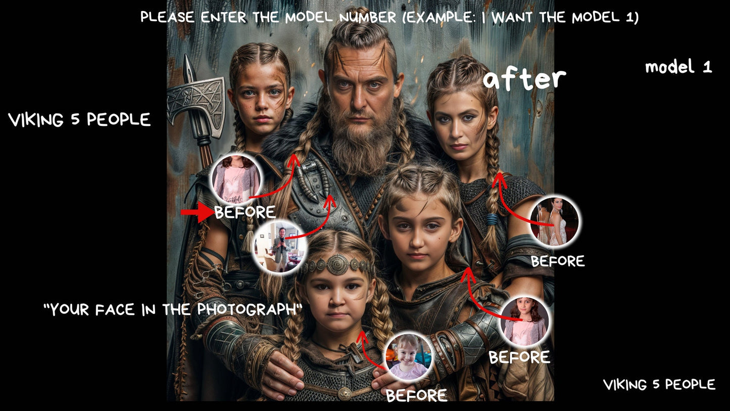 Custom Family Portrait 5 People Family Viking Style from Picture, Custom Royal Family Portrait, Birthday gift,wall art, personalized prints,