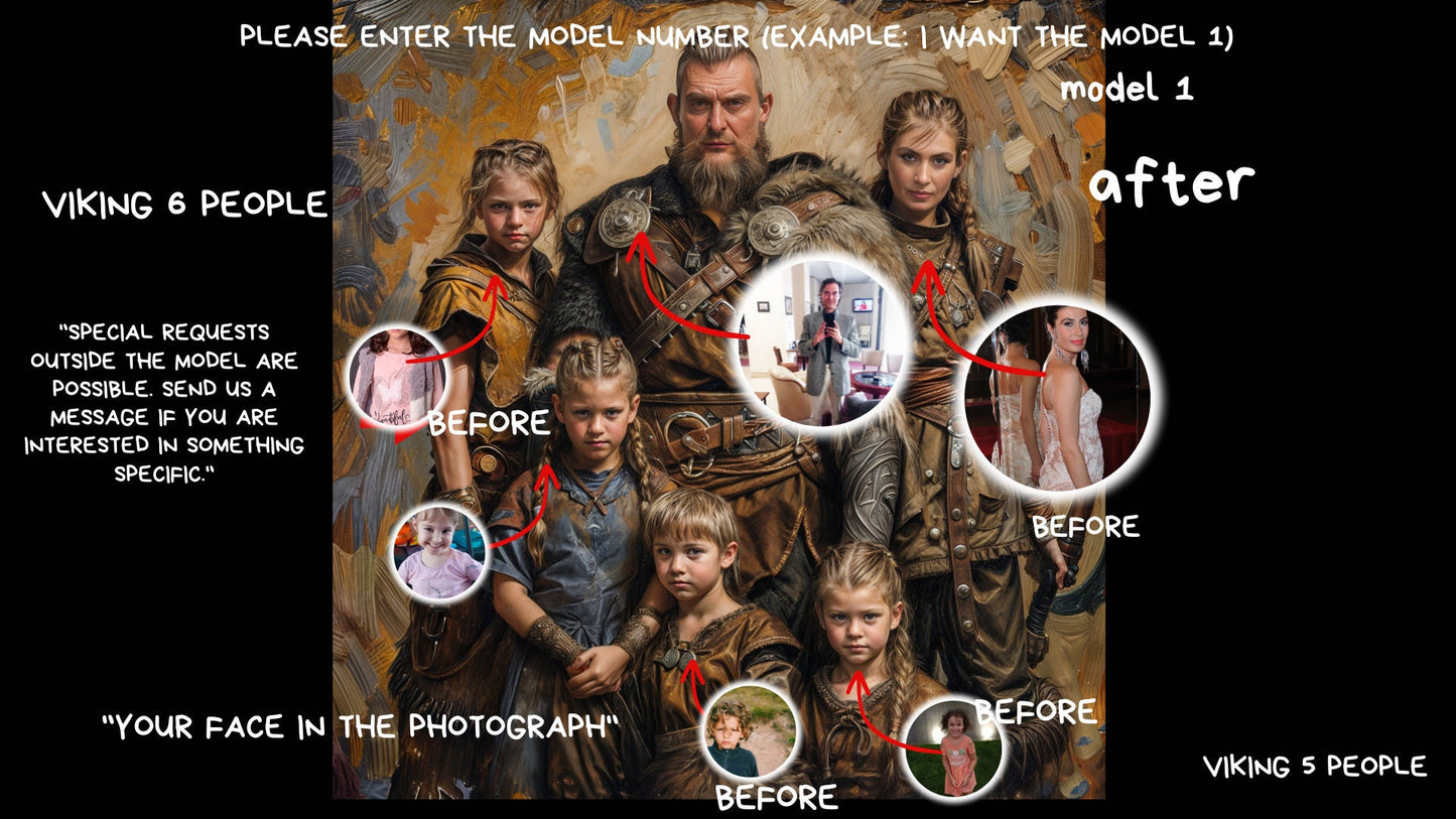 Custom Family Portrait 6 People Family Viking Style from Picture, Custom Royal Family Portrait, Birthday gift,wall art, personalized prints,