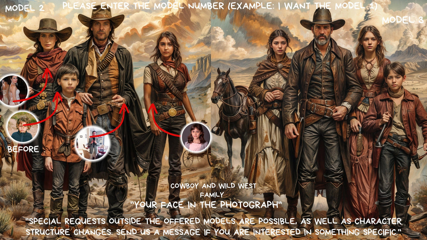 Personalized Wild West Cowboy family Portrait ,Family cowboy Style from Picture, Custom Portrait, ,wall art, personalized prints,